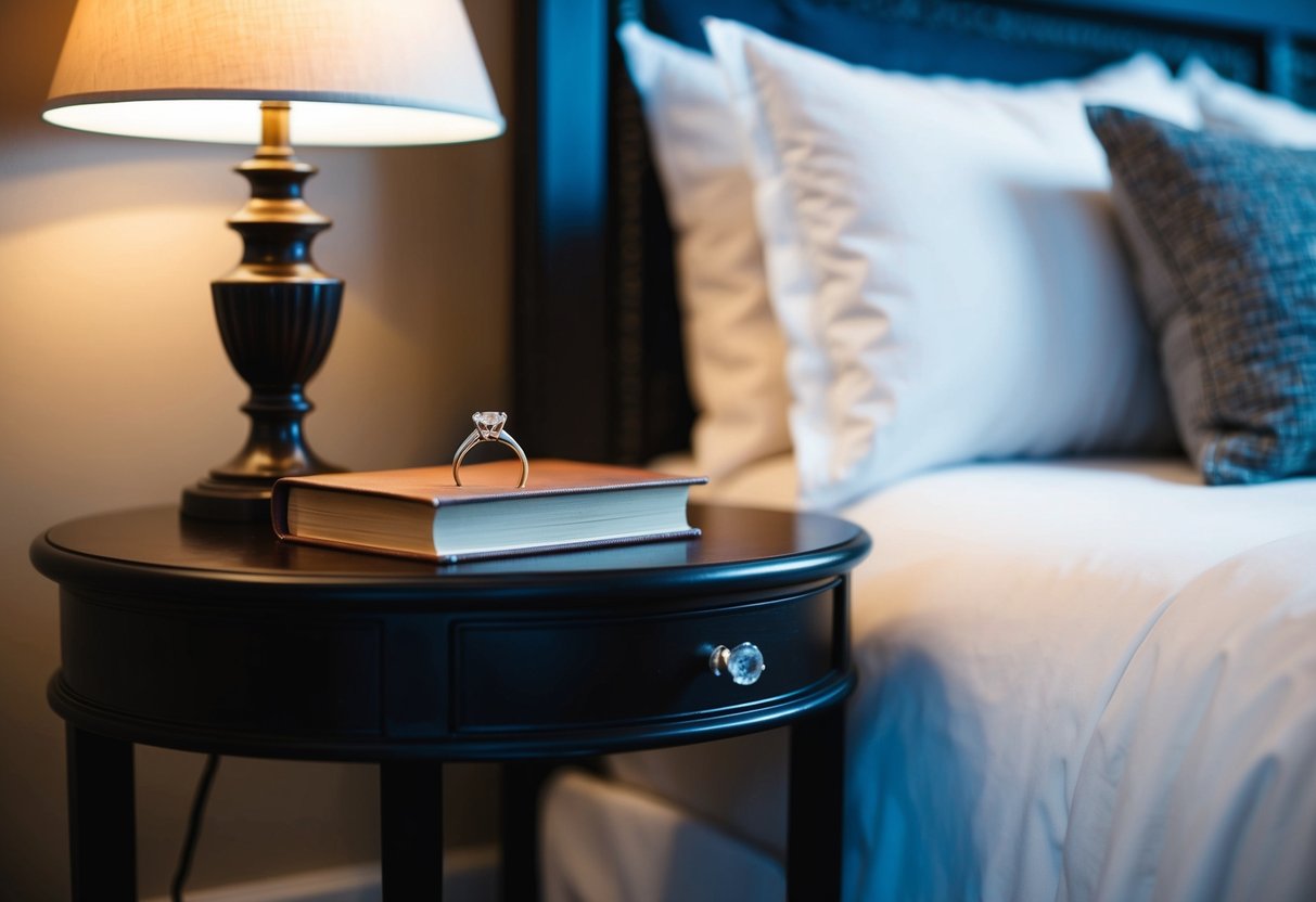 A bedside table with a wedding ring placed on top, next to a lamp and a book