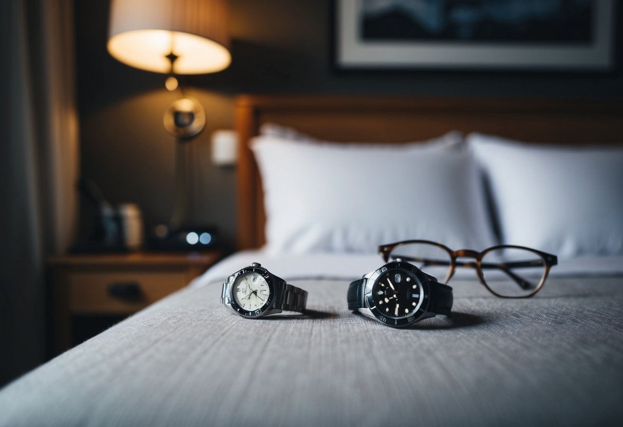 A man's wedding ring sits on a bedside table, next to a watch and a pair of glasses. The room is dimly lit, with a cozy, lived-in feel