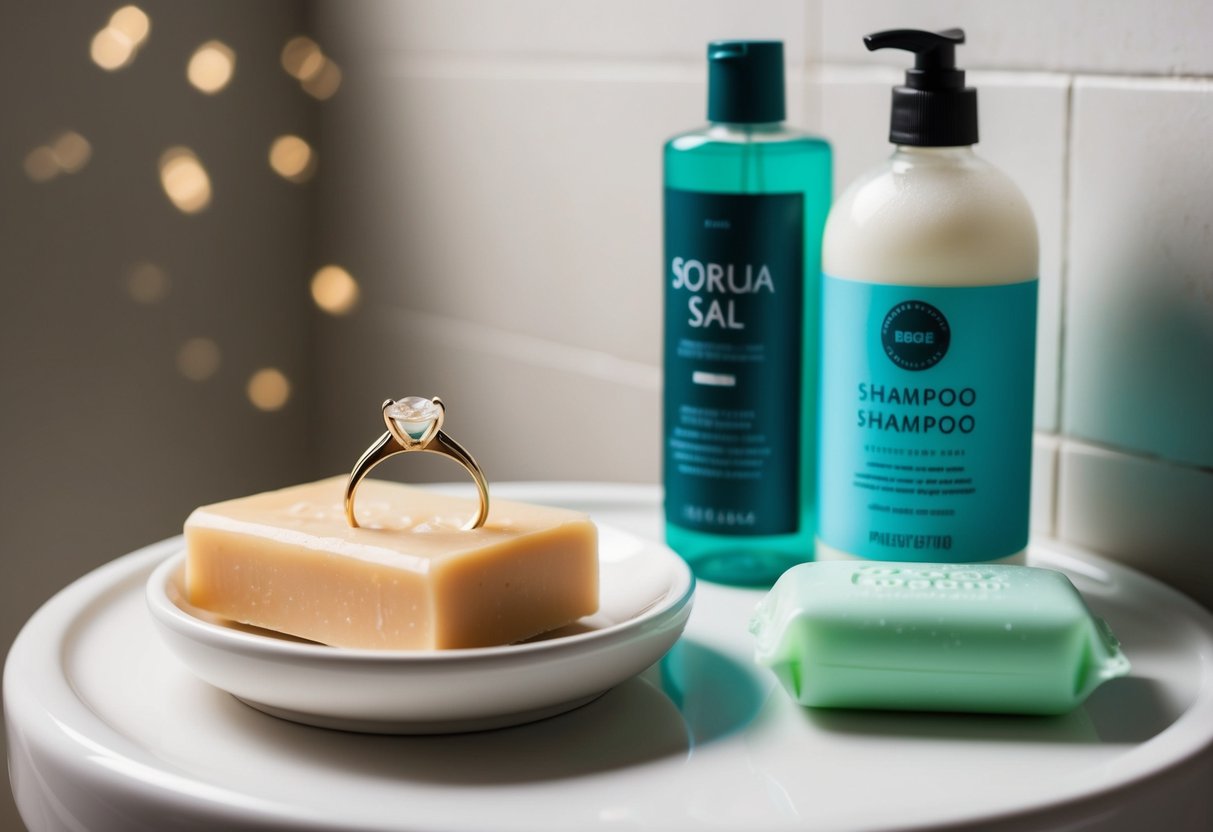 A wedding ring resting on a soap dish next to a bar of soap and a bottle of shampoo in a shower