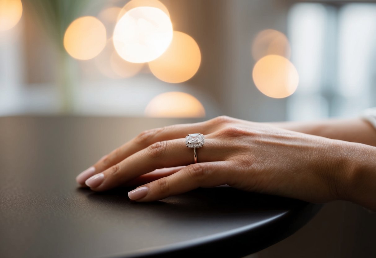 A single woman's hand rests on a table, a wedding ring glinting in the soft light