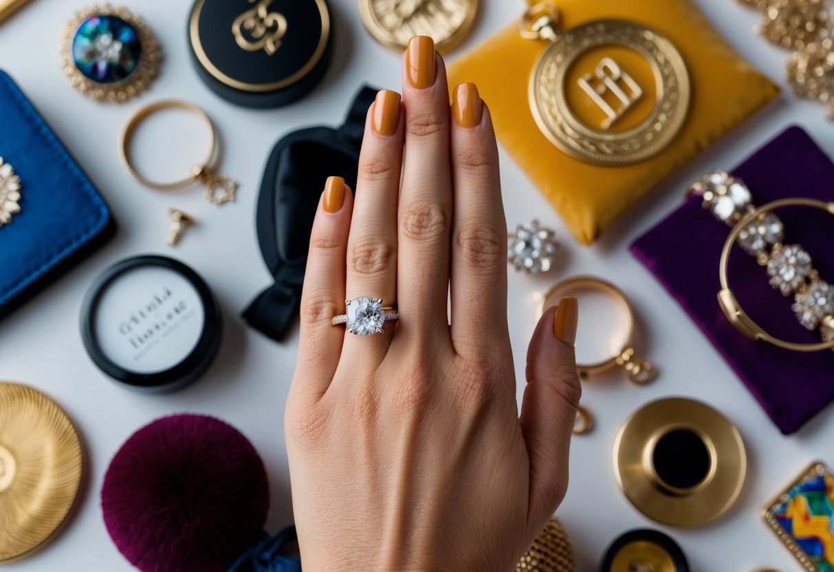 A single woman's hand with a wedding ring, surrounded by diverse cultural symbols and fashion accessories