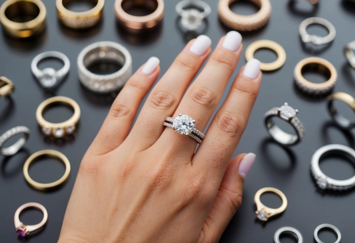 A single woman wearing a wedding ring while surrounded by various types of rings, each symbolizing different meanings and emotions