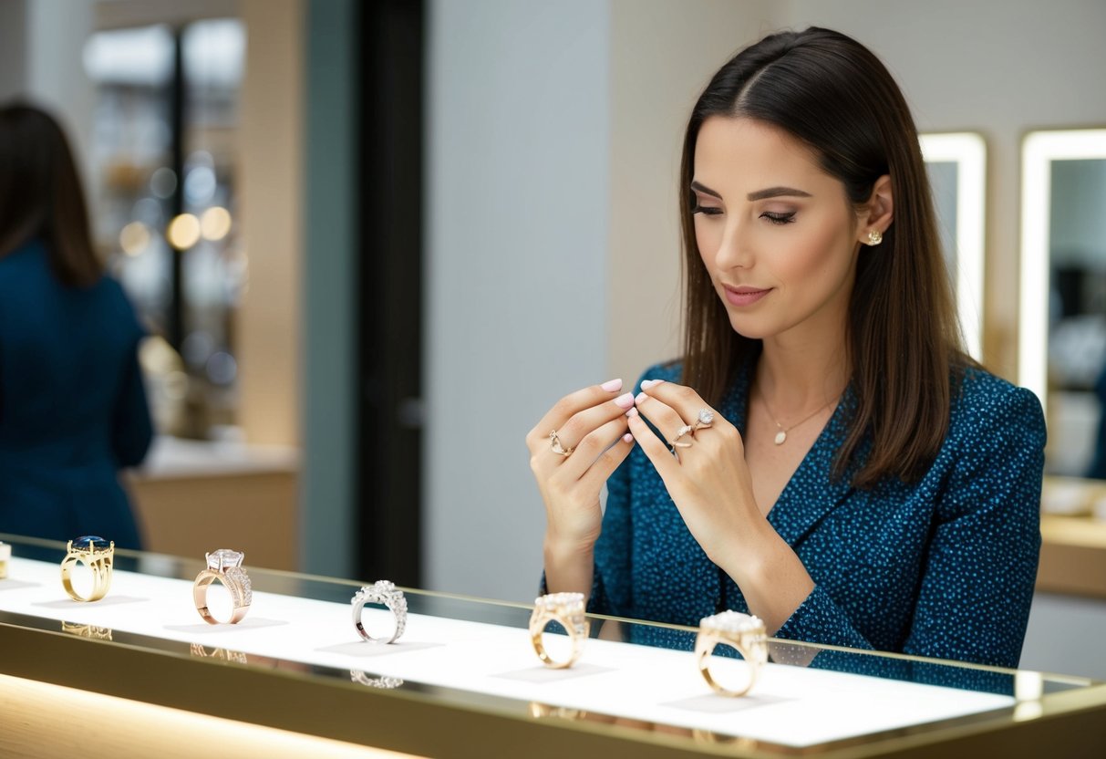 A single woman sits at a jewelry counter, trying on various rings. She carefully examines each one, contemplating her choices