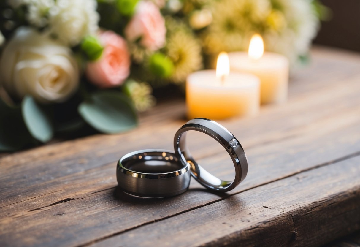 A pair of elegant wedding rings placed on a rustic wooden surface with a soft, romantic background of flowers and candles