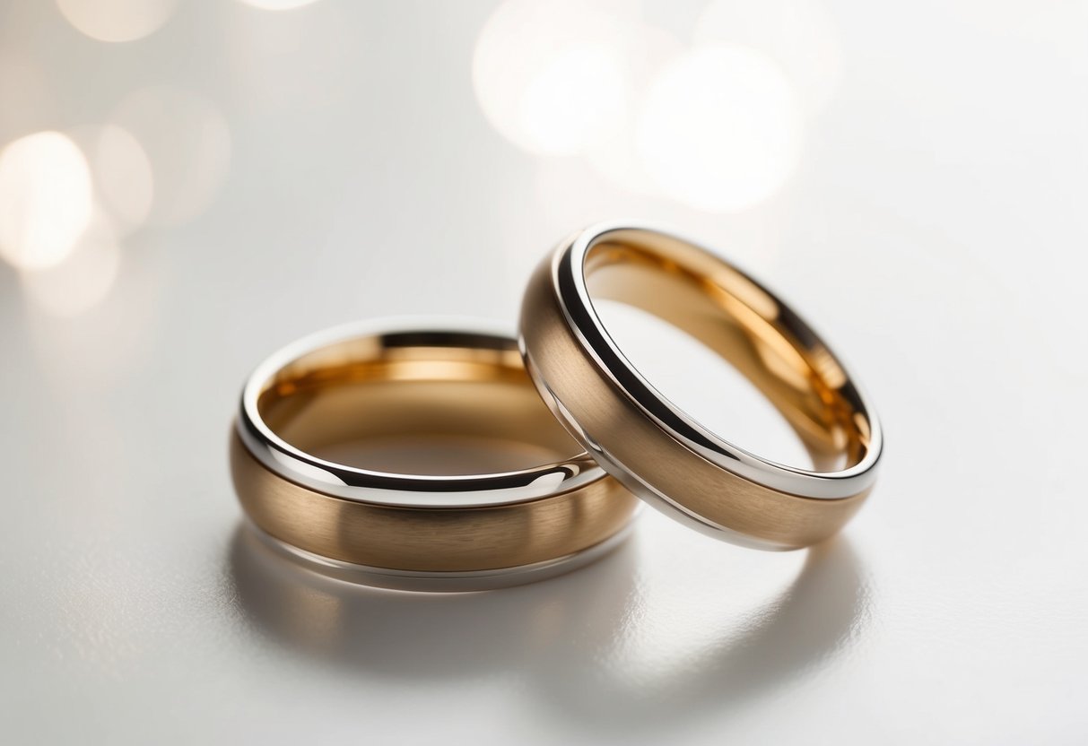 A pair of intertwined wedding rings placed on a clean, white background with soft, natural lighting