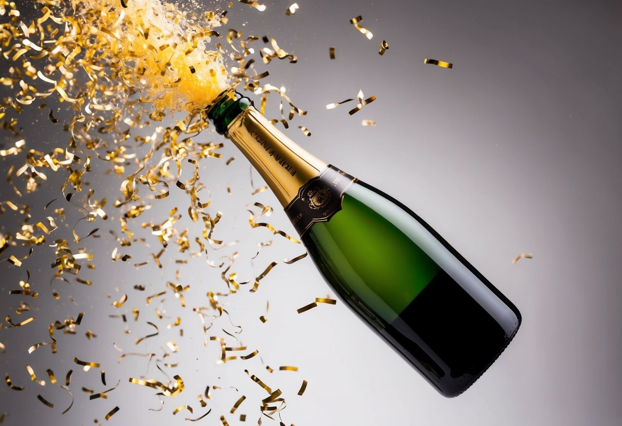 A champagne bottle popping with confetti raining down