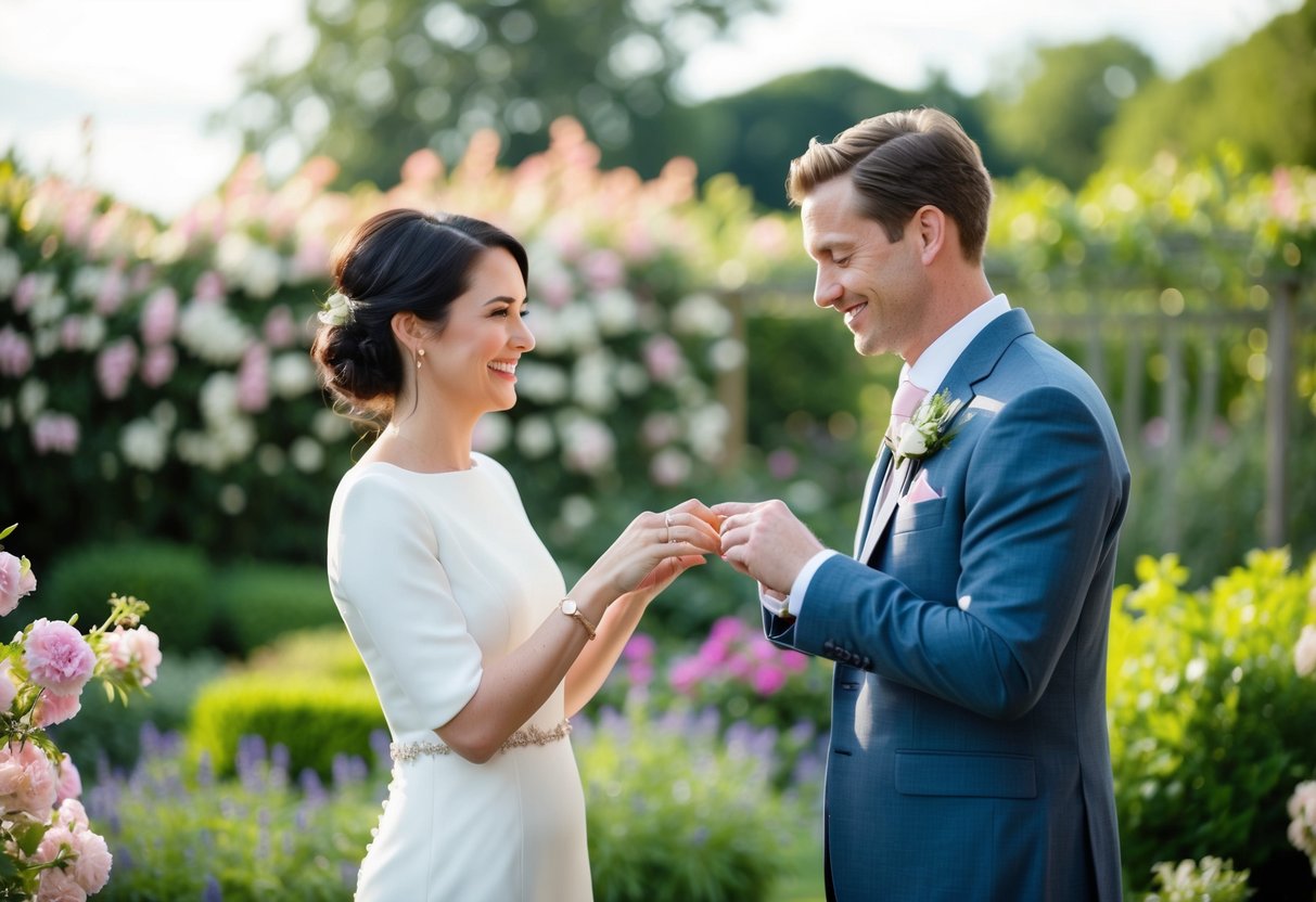 A newlywed couple exchanging rings in a garden surrounded by blooming flowers and a serene, picturesque setting