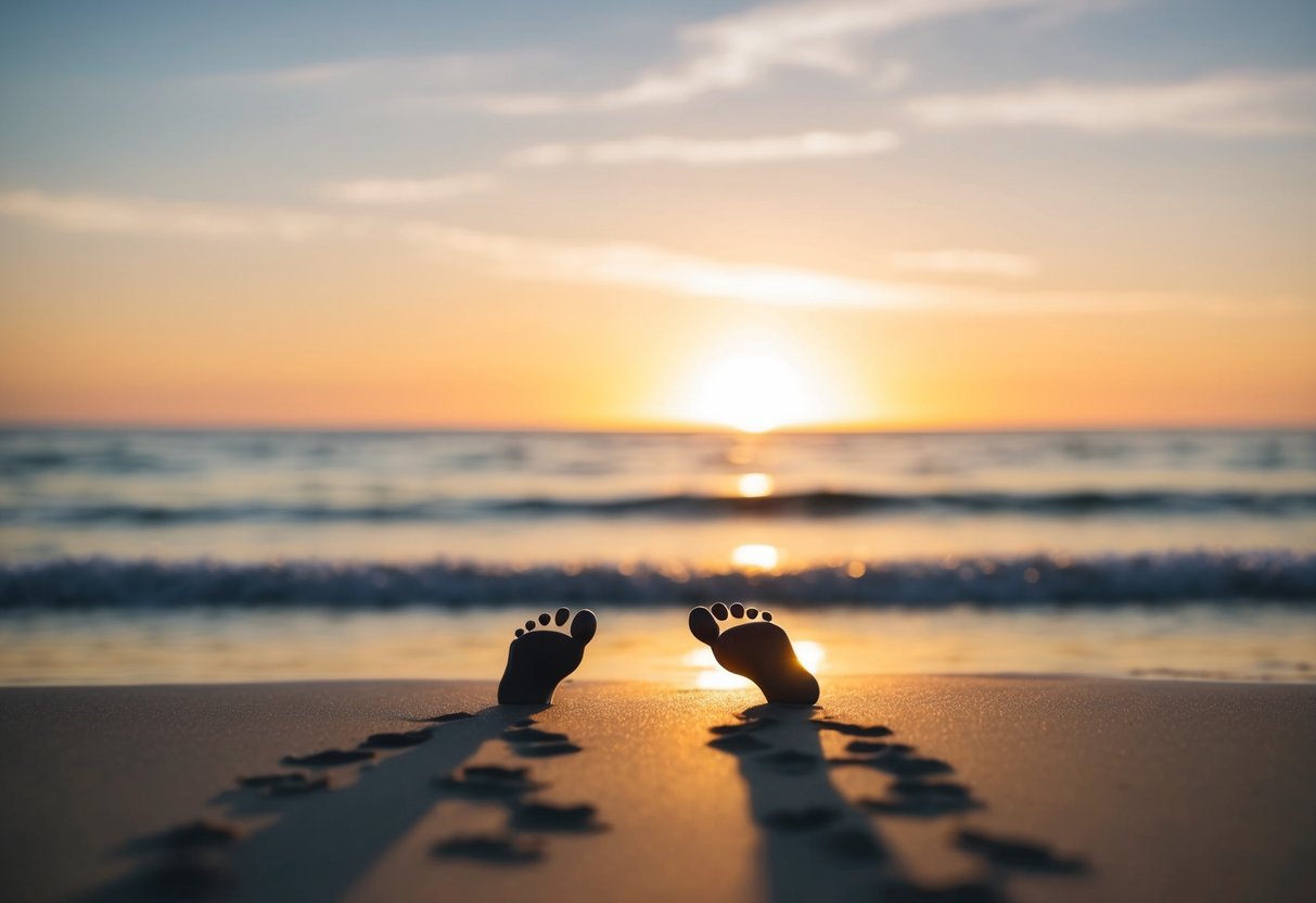 A sunset beach with two sets of footprints leading towards the horizon, symbolizing a future together for a newly married couple