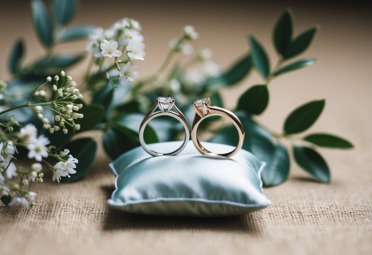A pair of elegant wedding rings displayed on a silk cushion, surrounded by delicate flowers and foliage