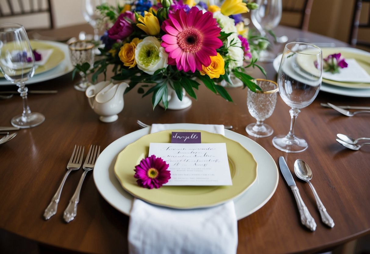 A table set with colorful flowers, elegant place settings, and a simple, handwritten invitation nestled among the plates