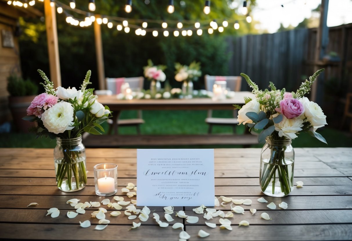 A cozy backyard setting with string lights, a rustic wooden table, and floral centerpieces. A handwritten invitation lays on the table, surrounded by scattered flower petals