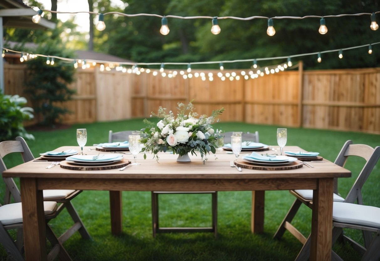 A cozy backyard wedding with string lights, a wooden sign, and a table set with casual place settings and a simple floral centerpiece