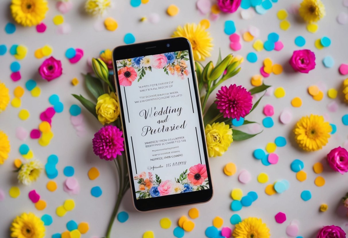 A smartphone with a wedding invitation displayed on the screen, surrounded by colorful floral decorations and confetti