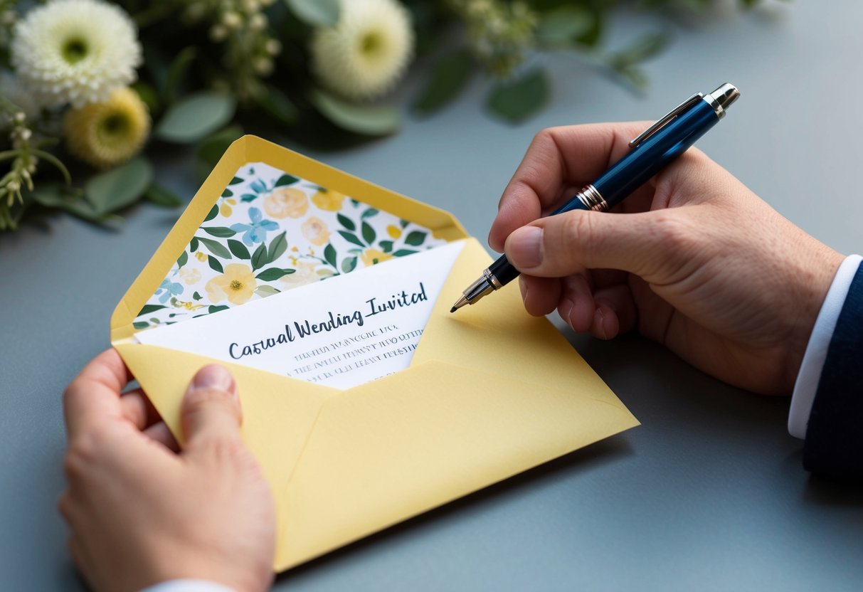 A hand holding a pen, addressing an envelope with a casual wedding invite inside. Flowers and greenery in the background