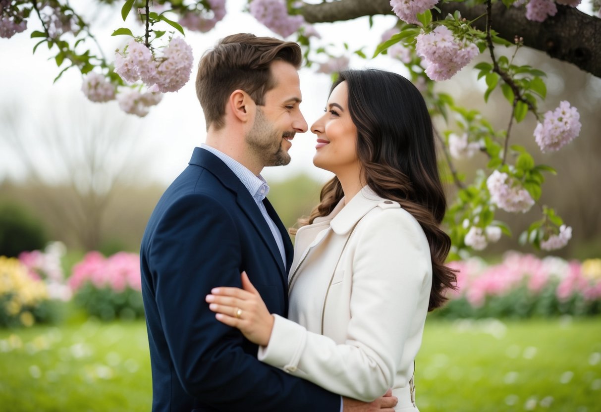 A couple standing under a tree, surrounded by blooming flowers, gazing into each other's eyes with a sense of love and contentment