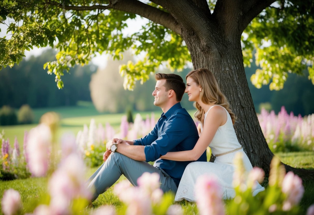 A couple sitting under a tree, gazing into each other's eyes, surrounded by blooming flowers and a serene landscape