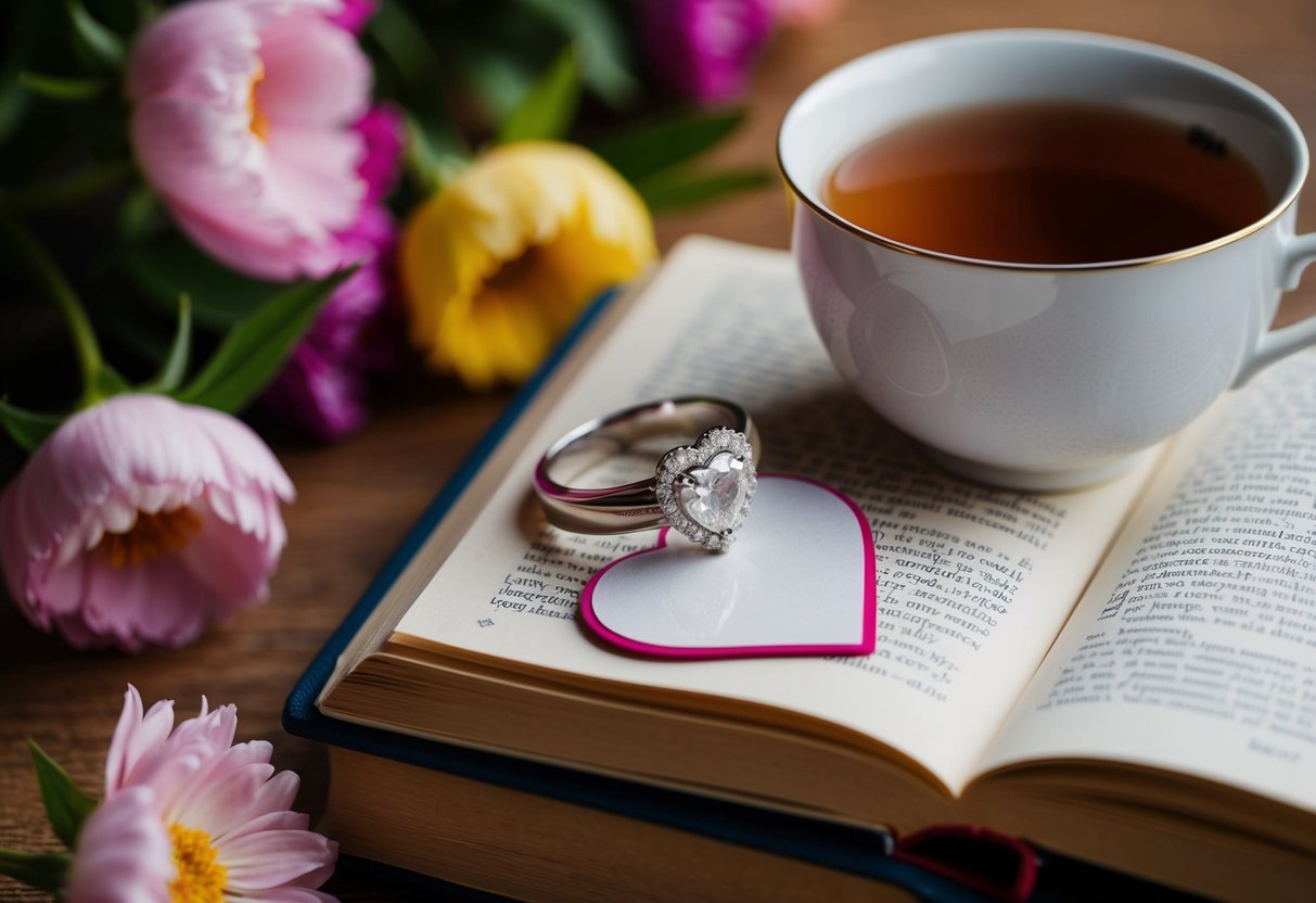 A wedding ring resting on a book with a heart-shaped bookmark, surrounded by blooming flowers and a warm cup of tea