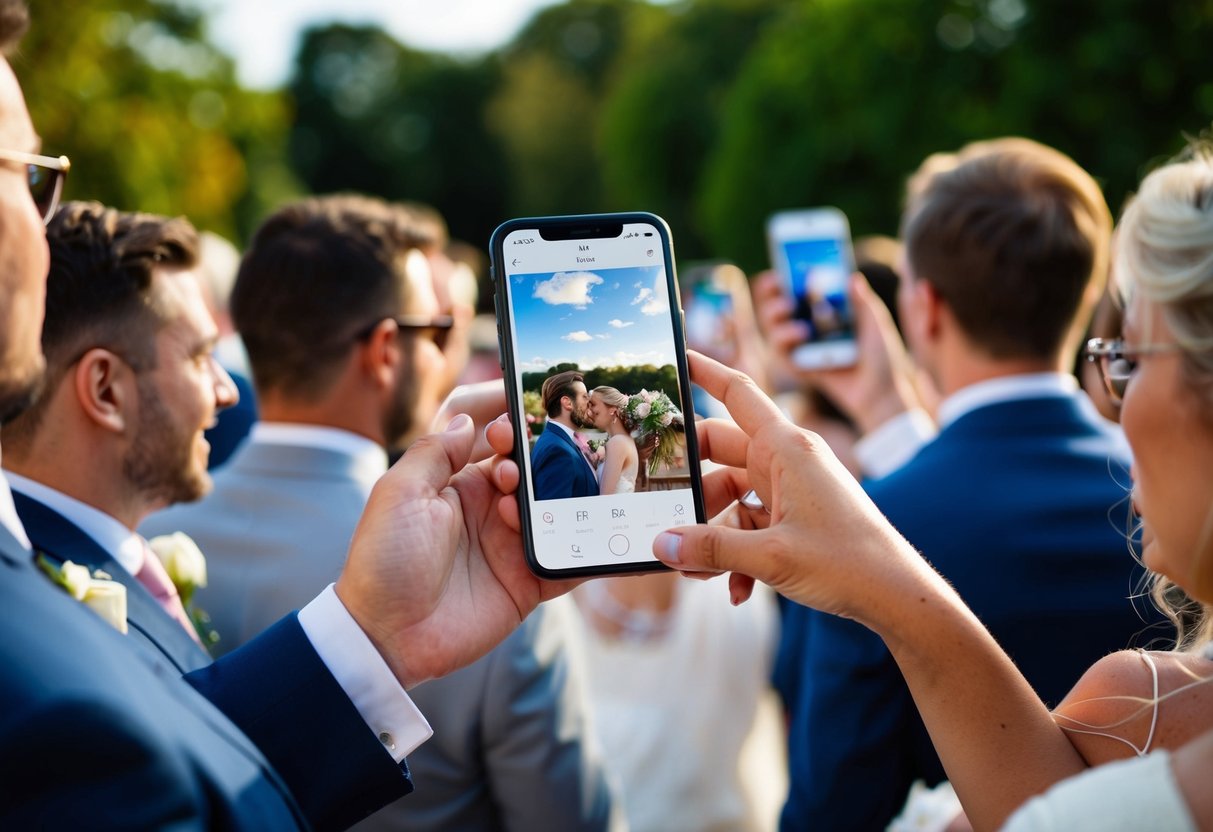 Wedding guests use their smartphones to share and upload photos to a digital platform