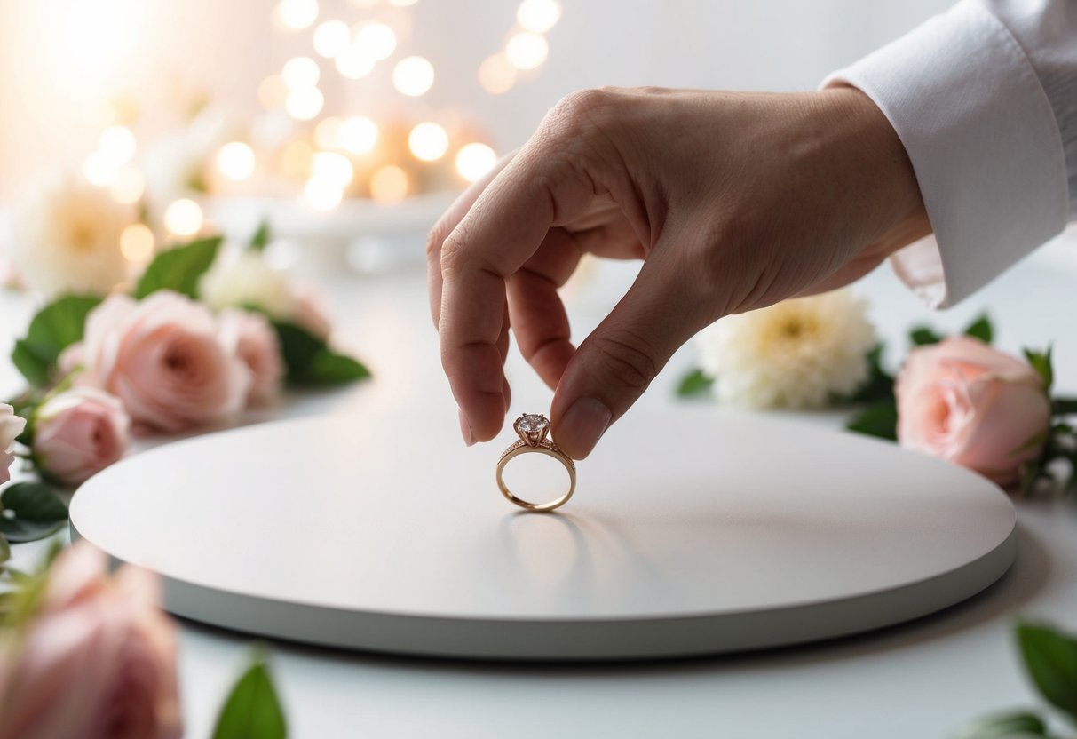 A hand placing a wedding ring on a flat surface surrounded by flowers and a soft, romantic lighting