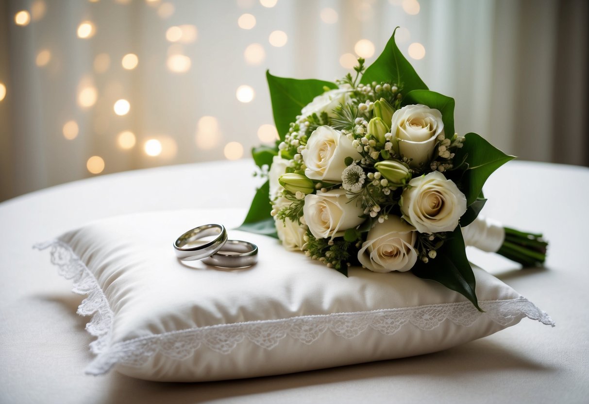 A wedding bouquet and a pair of wedding rings resting on a lace-trimmed pillow