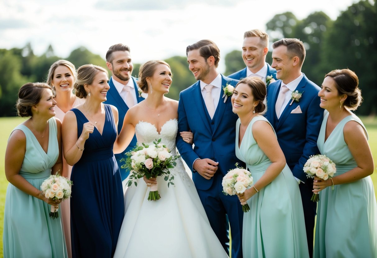 A bride and groom stand together, surrounded by their wedding party. The bride's girlfriends are included in the group photo, smiling and celebrating with the happy couple