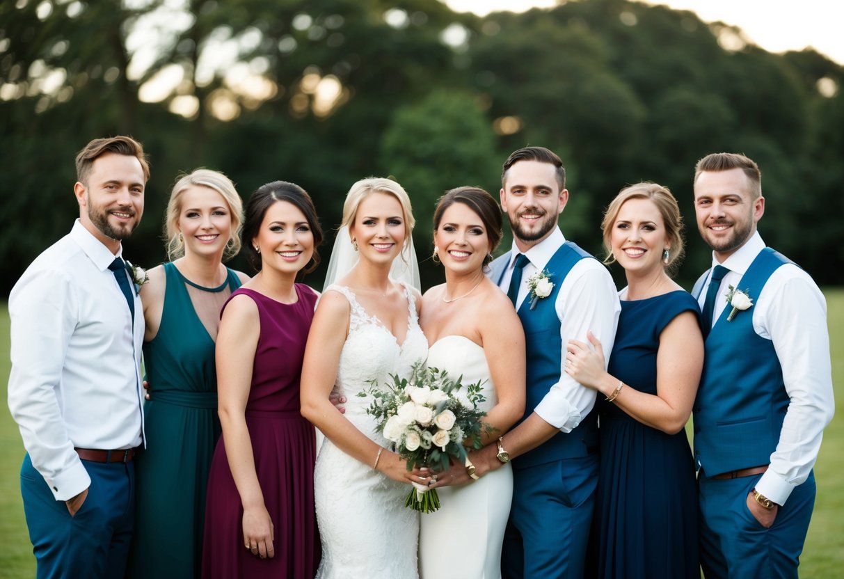 A group of people posing for a photo at a wedding, with some individuals standing closer together while others are positioned slightly apart