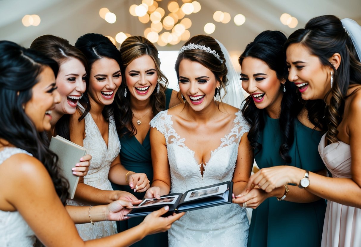 A bride and her girlfriends gather around her, laughing and celebrating, while looking through a beautiful wedding album together