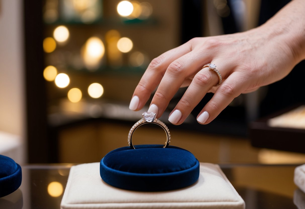 A hand reaches for a new wedding band on a velvet display cushion in a jewelry store