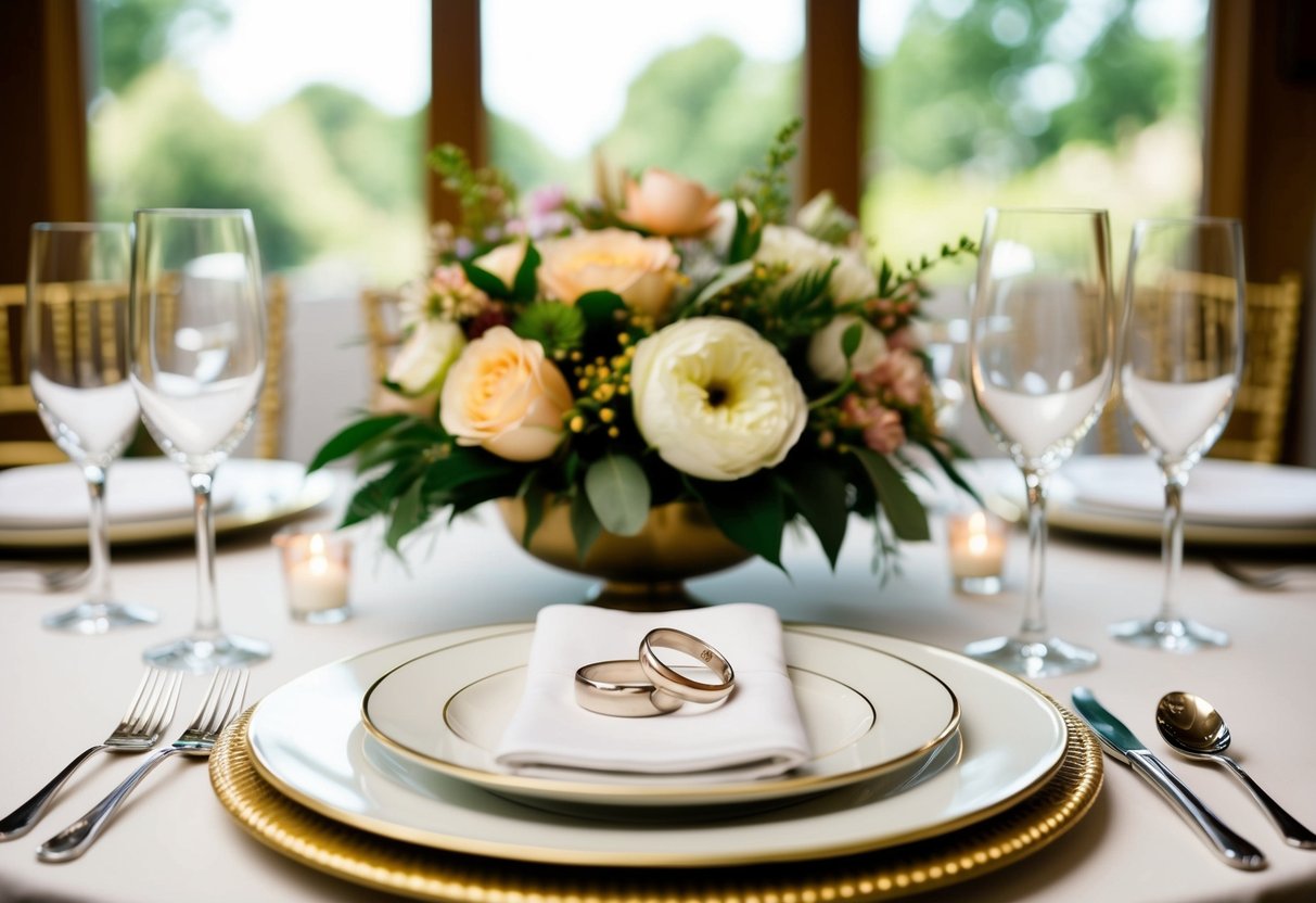 A table set with a floral centerpiece, elegant place settings, and a pair of intertwined wedding rings