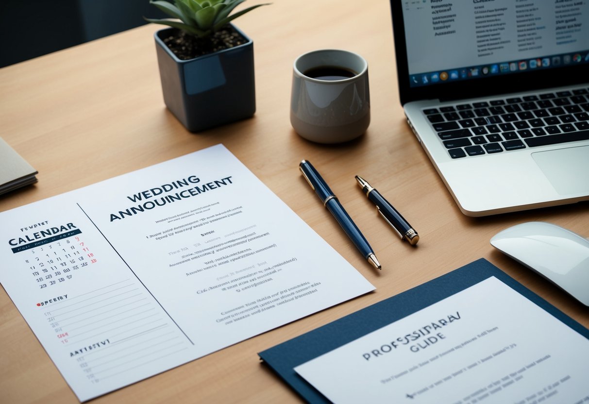 A desk with a pen, paper, and a wedding invitation template. A calendar with dates circled in red. A laptop open to a wedding announcement guide
