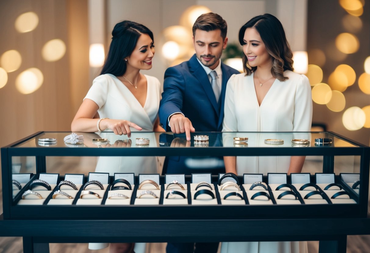 A couple standing in front of a display case filled with various wedding bands, pointing and discussing their preferences