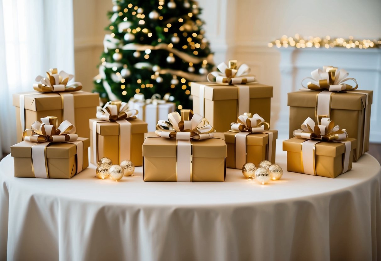 A table adorned with gifts, wrapped in elegant paper and adorned with ribbons, sits in the center of a room