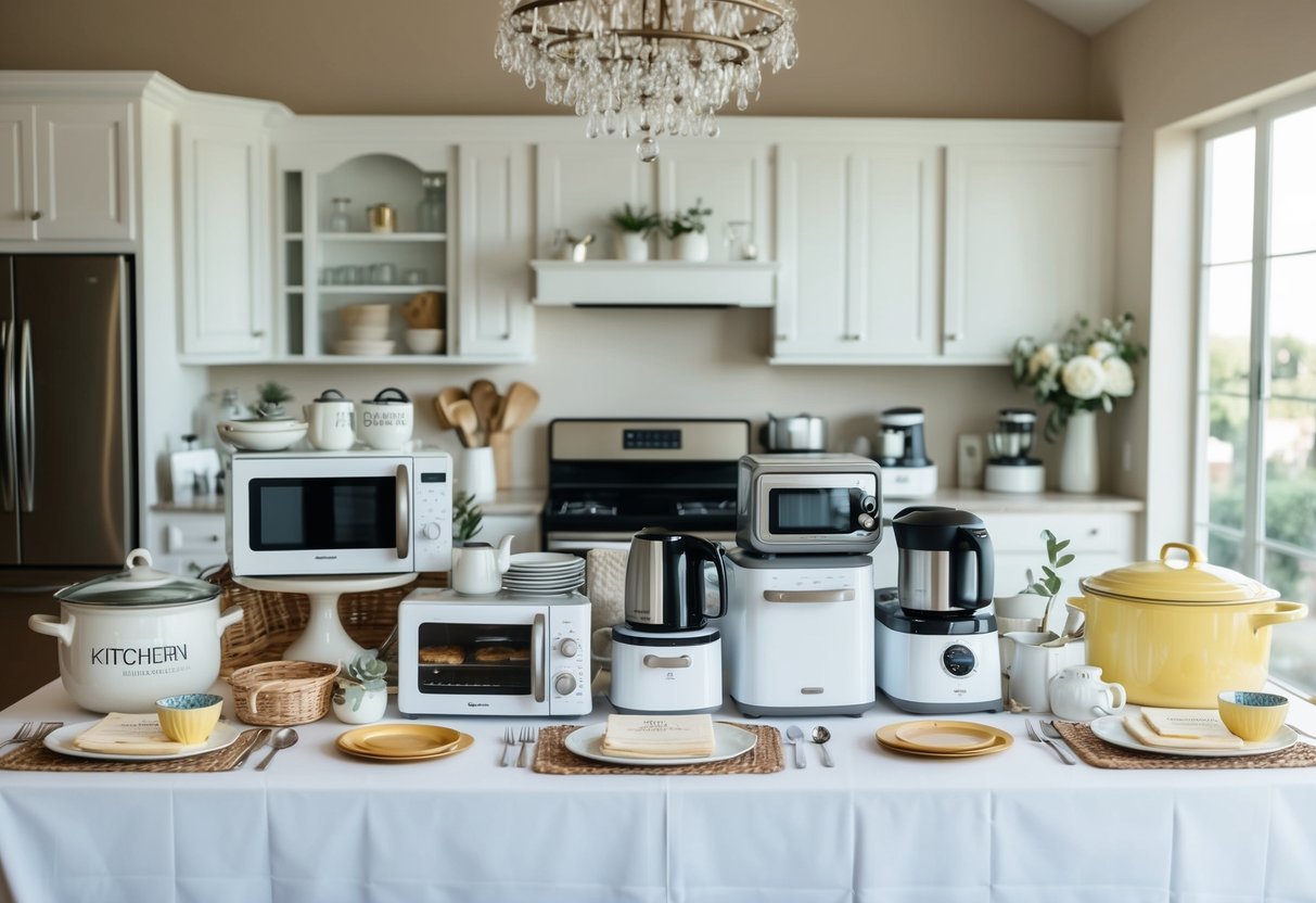 A beautifully decorated table with various kitchenware, appliances, and home goods displayed for a wedding registry