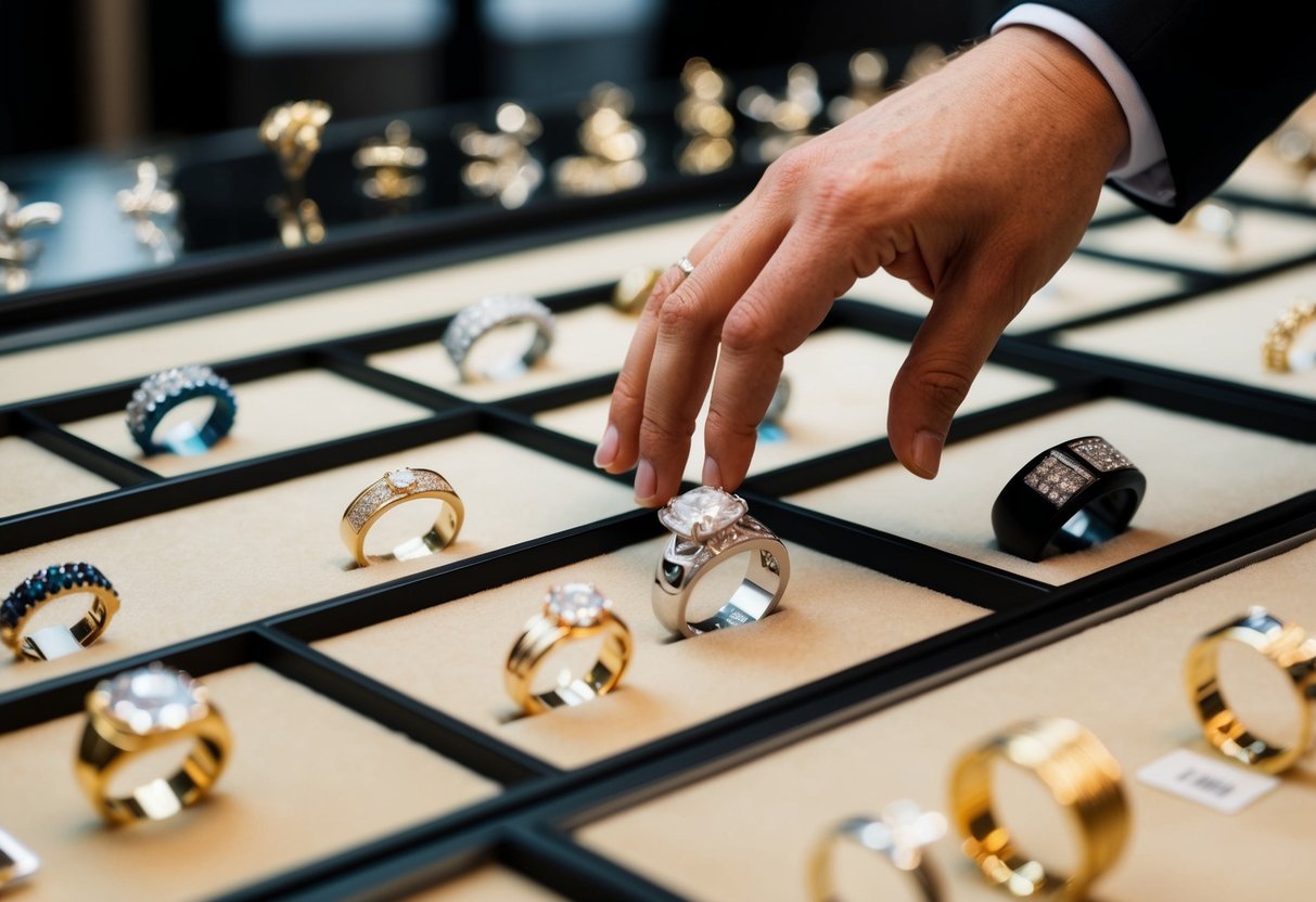 A hand reaches for a gleaming ring among a display of various jewelry