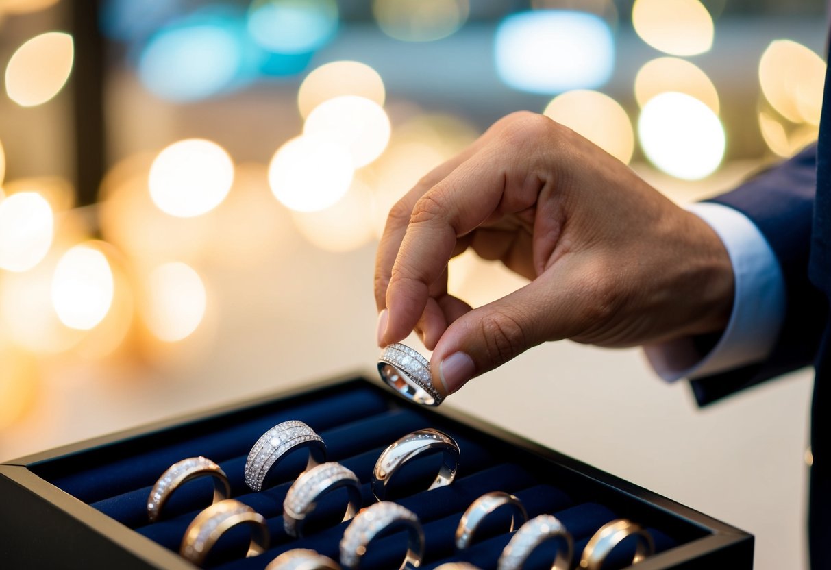 A person selects a wedding band from a display of various rings