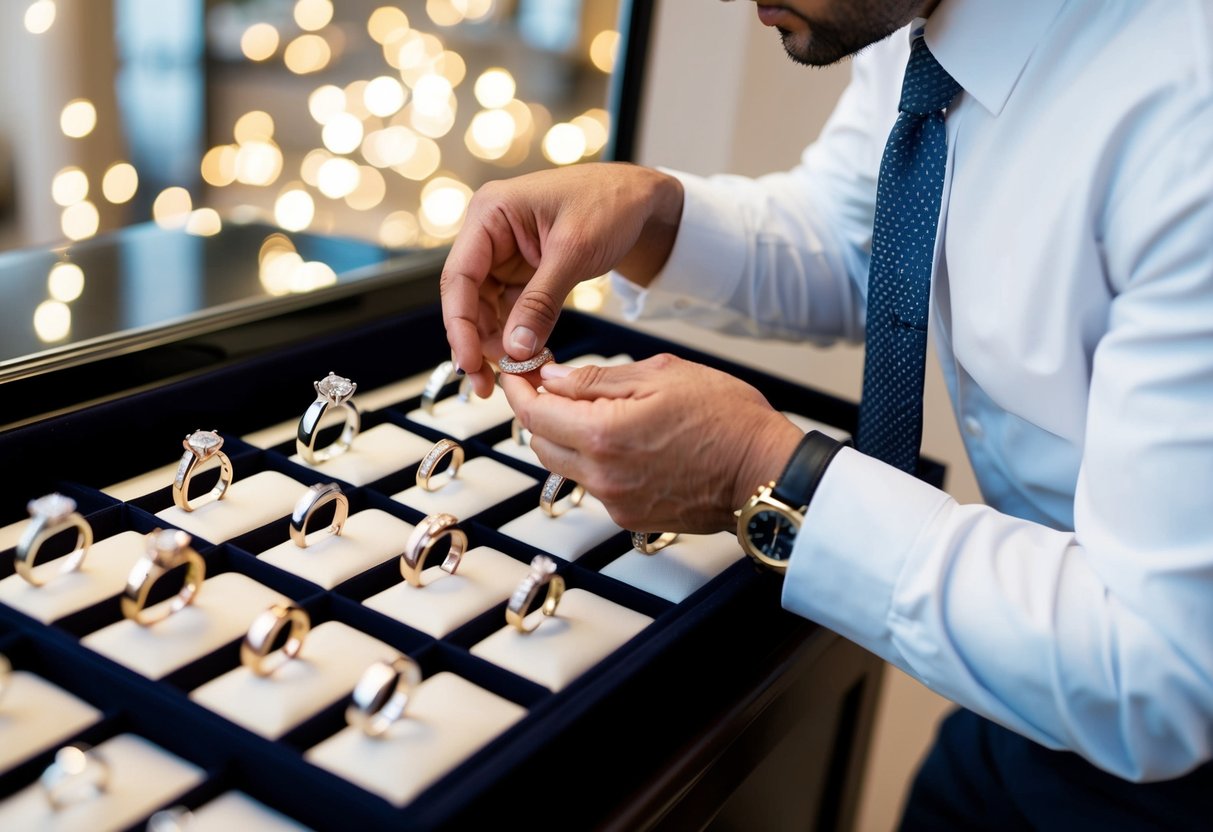 A man examines a display of wedding bands, carefully selecting one