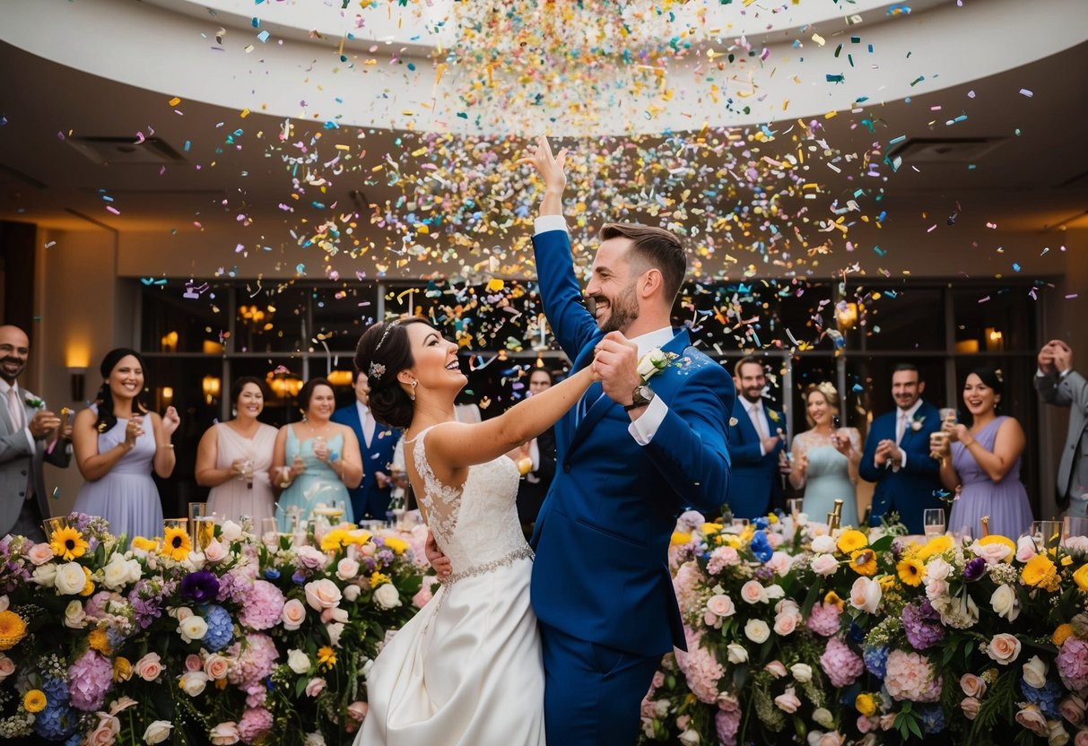 A colorful array of flowers and decorations cover every surface, as a newlywed couple dances joyfully under a shower of confetti and sparklers