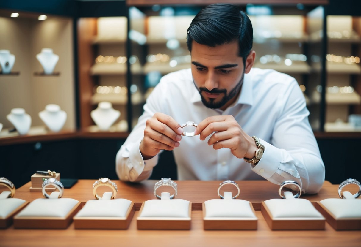 A man examines wedding bands in a jewelry store, considering his financial options