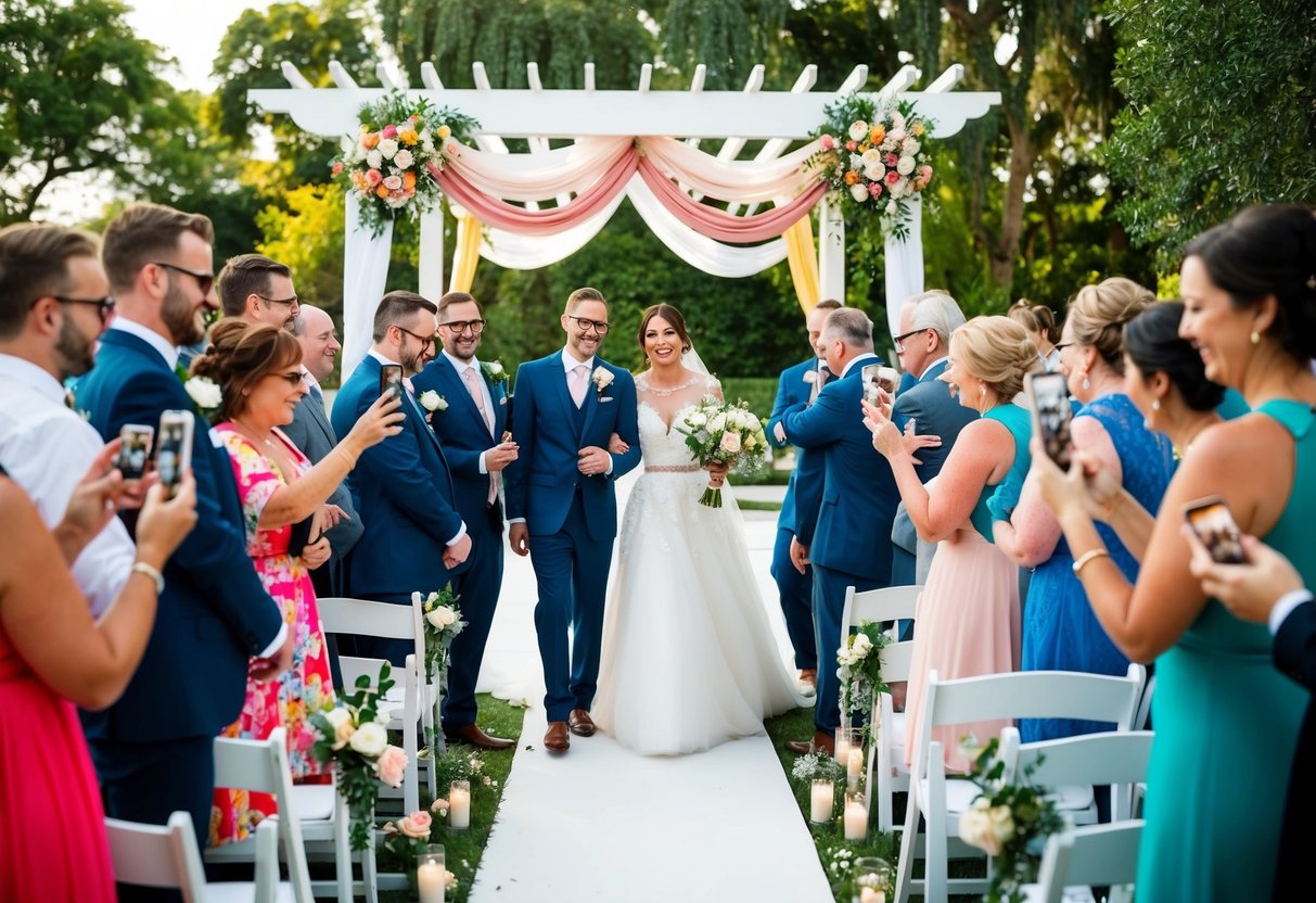 A wedding ceremony taking place in a beautiful outdoor setting with colorful decorations, surrounded by happy guests capturing and sharing moments on social media platforms