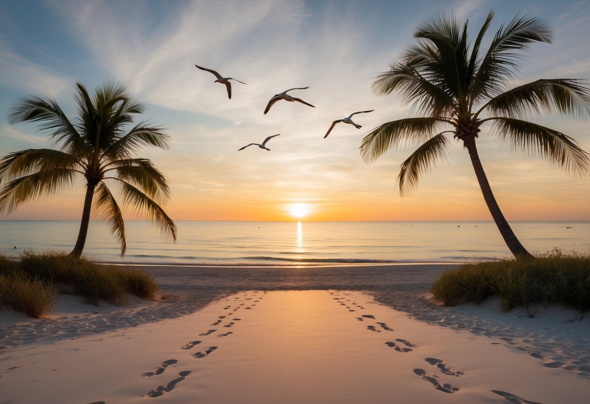 A serene beach at sunset with two pairs of footprints leading towards the ocean, surrounded by palm trees and seagulls in the sky