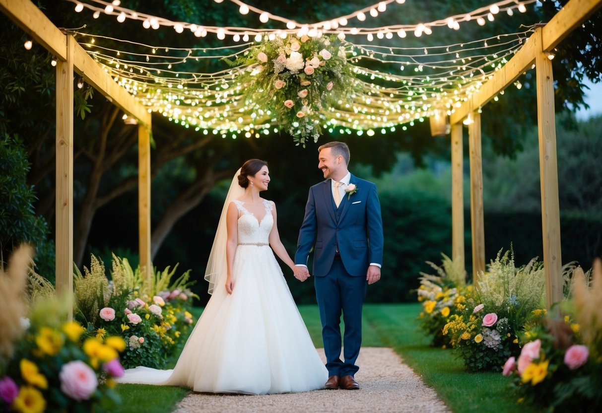 A bride and groom standing under a canopy of twinkling fairy lights, surrounded by lush greenery and colorful flowers, with a vintage camera capturing the moment