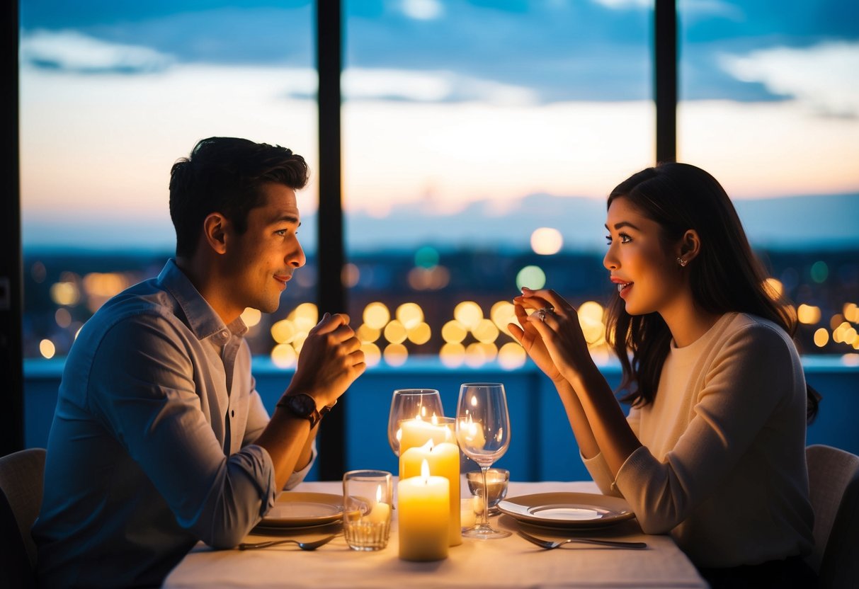 A couple sitting at a candlelit dinner table, one person nervously fidgeting with a ring, while the other looks surprised