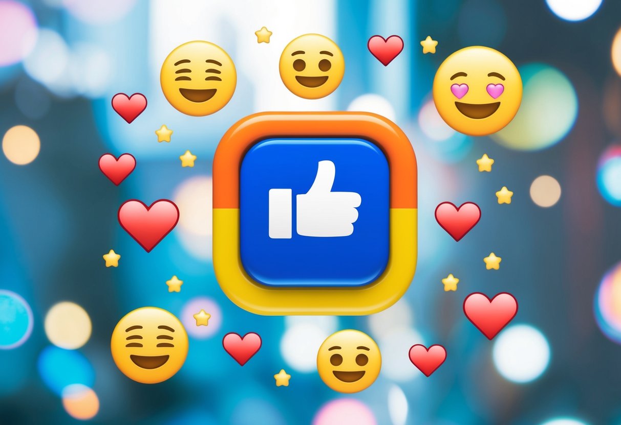A colorful graphic with a heart-shaped like button surrounded by emojis and a comment section, with a thumbs-up and heart reaction icons