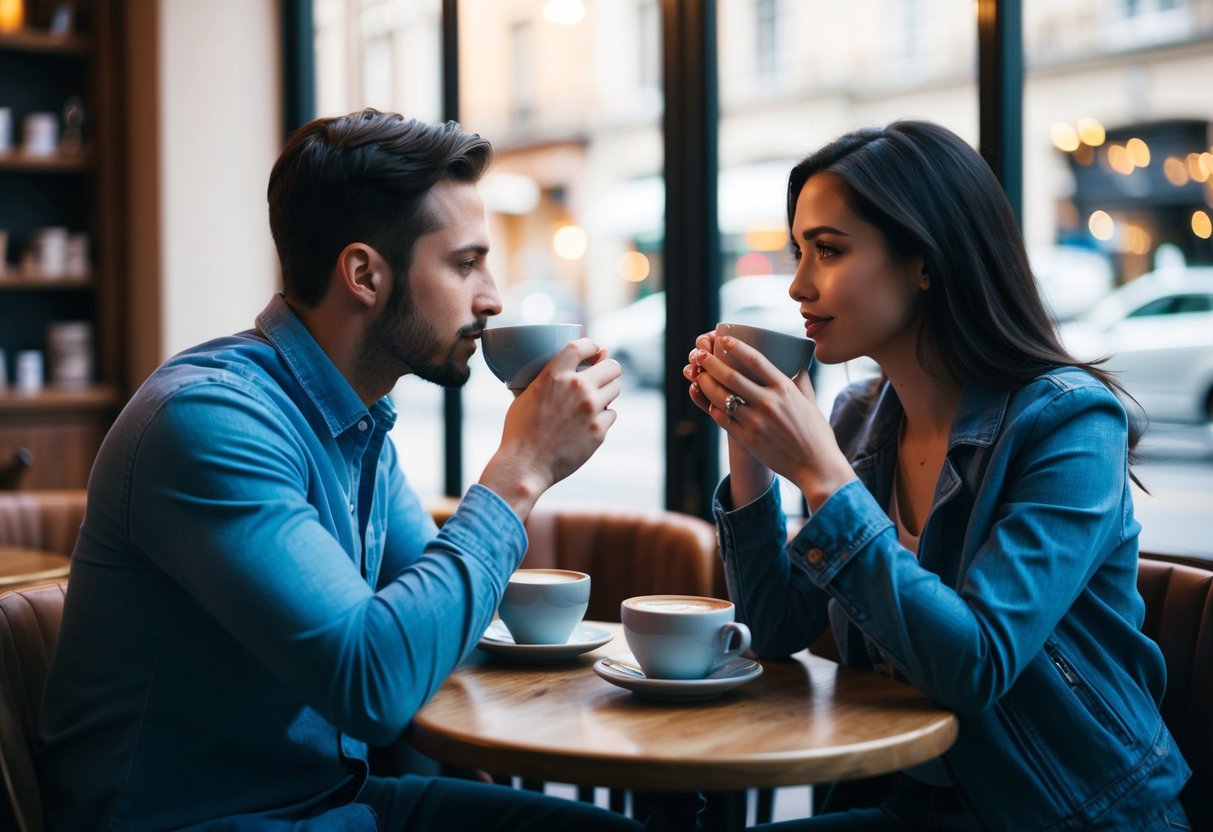 A couple sitting at a cozy cafe table, sipping coffee and engaging in deep conversation, with a subtle hint of a ring on the woman's finger