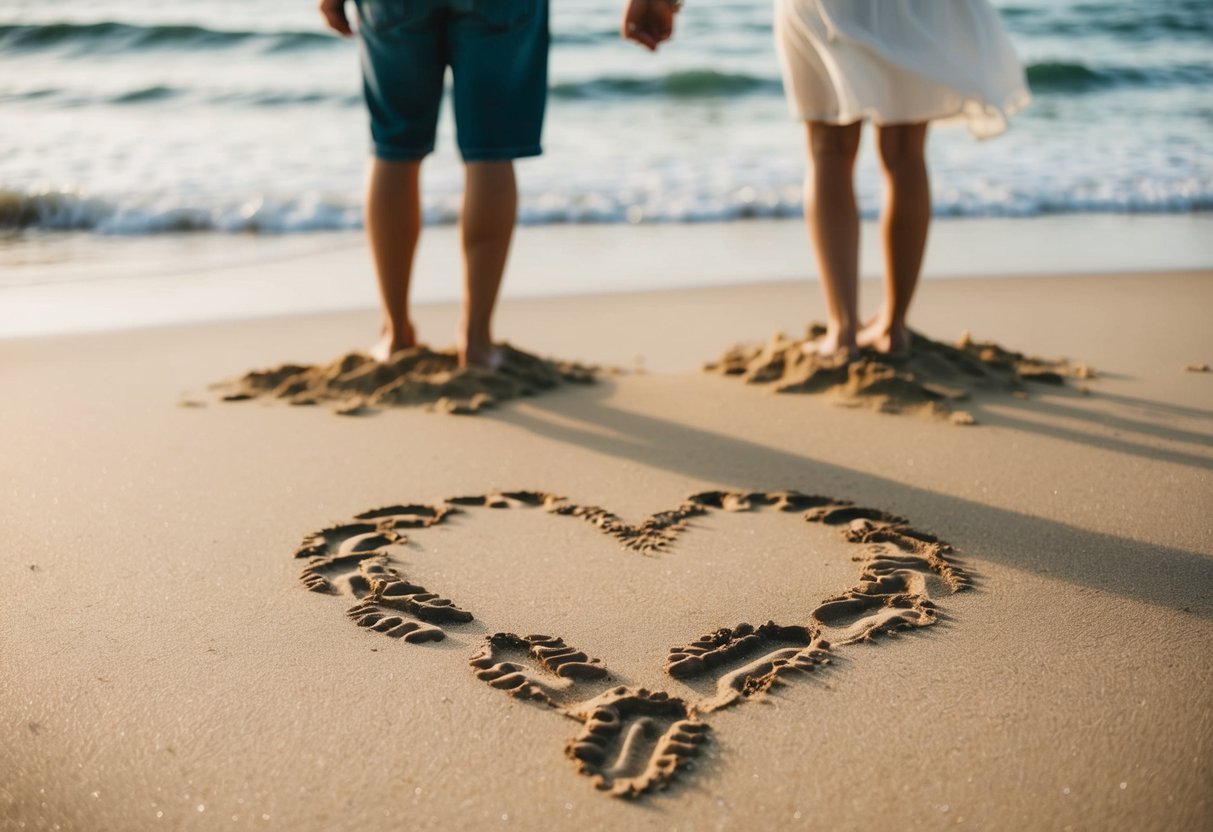 A couple's intertwined footprints on a sandy beach, leading towards a heart drawn in the sand with the word "forever" written inside