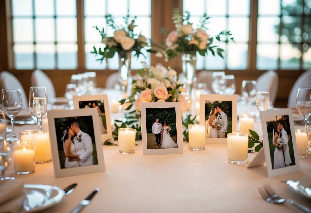 A table adorned with wedding photos, surrounded by soft candlelight and delicate flower arrangements