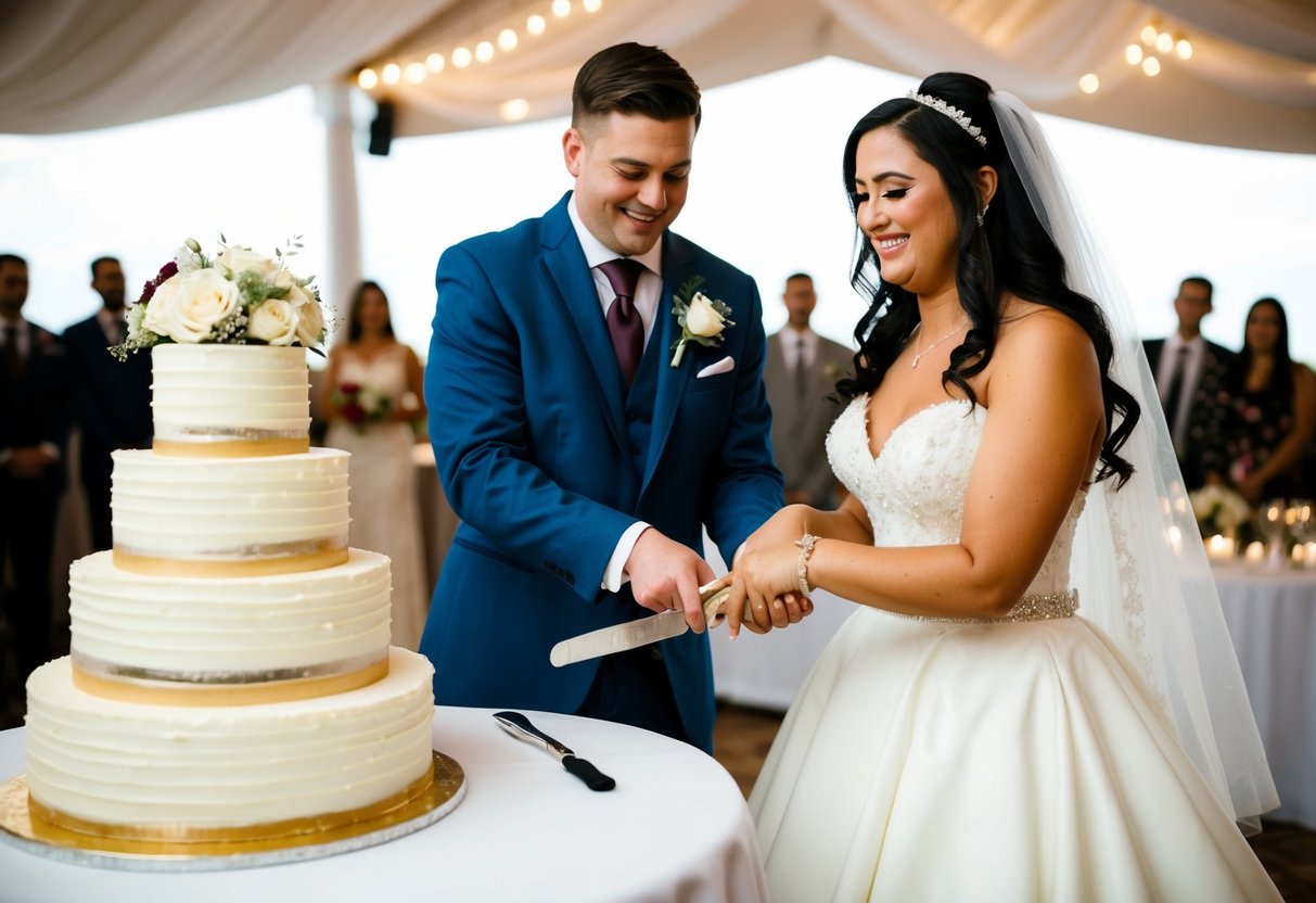 A bride and groom cutting a tiered wedding cake at their reception
