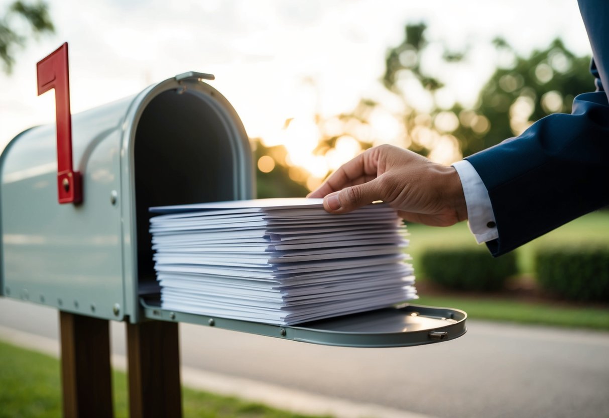 A stack of elegant wedding announcements being placed in a mailbox