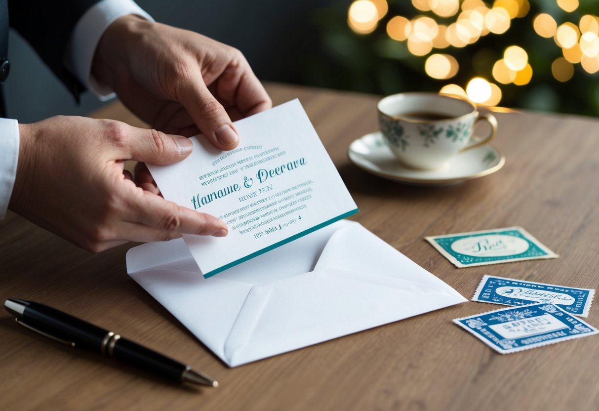 A hand placing a wedding announcement in an envelope, with a pen and decorative stamp nearby