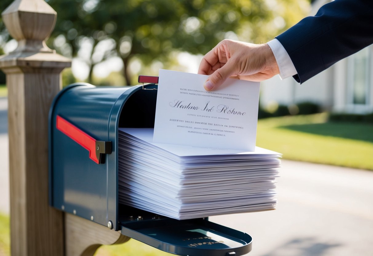 A stack of elegant wedding announcements being placed in a mailbox